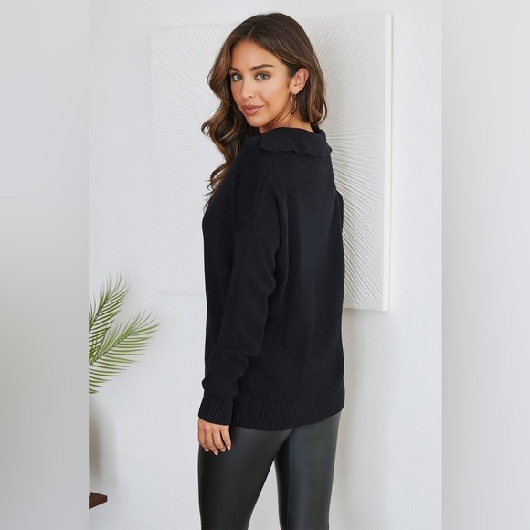 (7098-BLK) POLO COLLAR LONG SLEEVE KNIT SWEATER TOP - Picture 3 of 4